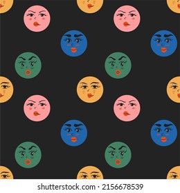 Vector seamless pattern with colorful emoticons. Hand drawn fashion vector illustration for kids. Suitable for fabric, textile, gifts, wallpaper, book decoration, etc.