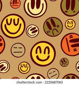 Patrón vectorial sin fisuras con emoticonos coloridos. Un conjunto de emoticonos. Ilustración vectorial para niños. Adecuado para tejidos, textiles, artículos de regalo, papel pintado para la decoración