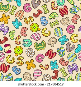 Vector seamless pattern with colorful English letters. Background for use in design, web site, packing, textile, fabric