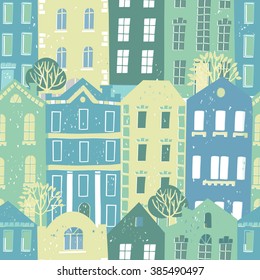 Vector seamless pattern with colorful European style houses.Grungy printmaking style illustration. Architecture background.