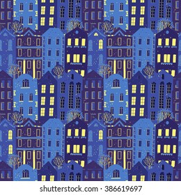 Vector seamless pattern with colorful European style houses.Night city view. Grungy printmaking style illustration. Architecture background.