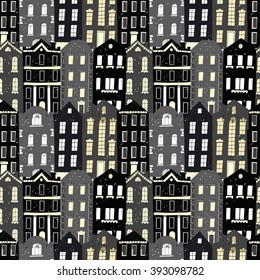 Vector seamless pattern with colorful European style houses.Night city view. Grungy printmaking style illustration. Architecture background.