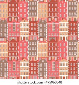 Vector seamless pattern with colorful European style houses. Architecture background.