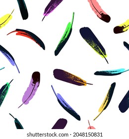 Vector seamless pattern of colorful feathers on white background.