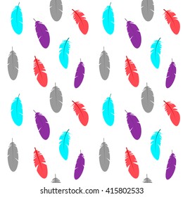 Vector seamless pattern with colorful feathers. Graphic, stylized elements for print, card, decoration, textile, paper.