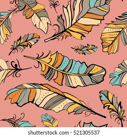 Vector seamless pattern,  colorful feathers on peach background
