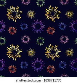 Vector Seamless Pattern, Colorful Fireworks on Dark Blue Background, Festive Illustration, Different Colors, Golden, Red, Blue, Green, Purple Explosions.