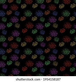 Vector Seamless Pattern, Colorful Fireworks, Doodle Style Drawings on Black Background, Night Celebration Concept.