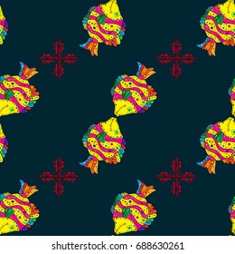 Vector seamless pattern. Colorful fish. Reaver fish on dark blue background. Vector illustration.