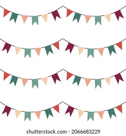 Vector seamless pattern with colorful flags garland on white background.Simple modern design for Christmas and New year celebration,textile,wrapping paper,prints,fabrics,clothes