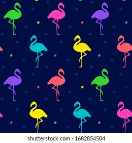 Vector seamless pattern of colorful flamingo on dark blue background. Design for backpacks, clothes and wrapping paper.