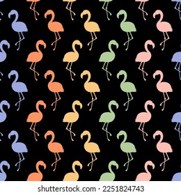 Patrón vectorial sin fisuras con flamingo colorido y fondo negro