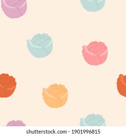 Vector Seamless Pattern with Colorful Flat Cabbage Heads. Vegetable Ornament for Print, Wrapping Paper, Wallpaper, Textile, Fabric. Pattern with Vegetarian Natural Ingredients.Healthy Food.