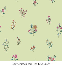 Vetor padrão sem emenda de arranjos florais coloridos espalhados em um fundo verde claro. Ideal para papel de parede e tecido.