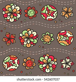 Vector seamless pattern with colorful floral doodle ornament on brown background with stripes and dots