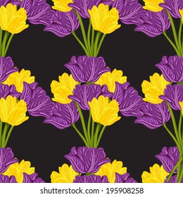 Vector seamless pattern colorful flower tulips of black background. Floral decoration backdrop  for your design