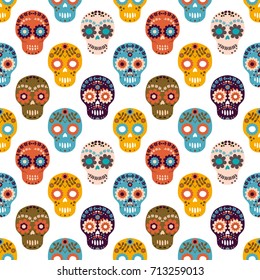 Vector seamless pattern with colorful flower sugar skulls for Halloween designs, textile and clothing