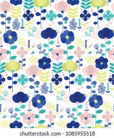 Vector seamless pattern with colorful flowers. Summer blossom flowers. Simple vector flora. Pattern for kids, fabric, textile, wallpaper, for kids goods, sport textile, greeting card