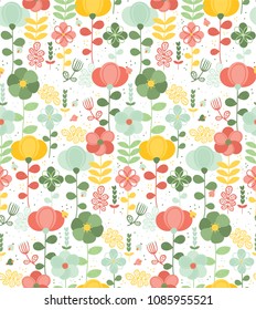 Vector seamless pattern with colorful flowers. Summer blossom flowers. Simple vector flora. Pattern for kids, fabric, textile, wallpaper, for kids goods, sport textile, greeting card