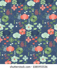 Vector seamless pattern with colorful flowers. Summer blossom flowers. Simple vector flora. Pattern for kids, fabric, textile, wallpaper, for kids goods, sport textile, greeting card