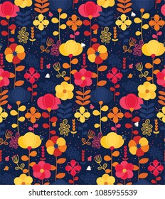 Vector seamless pattern with colorful flowers. Summer blossom flowers. Simple vector flora. Pattern for kids, fabric, textile, wallpaper, for kids goods, sport textile, greeting card