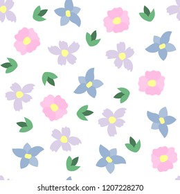 Vector seamless pattern of colorful flowers in pastel colors on white background