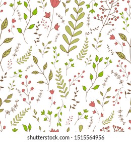 Vector seamless pattern of colorful flowers and plants in doodle style on a white background. Autumn colors. Wallpaper. Doodling. Hand drawing. Editable Pattern.
