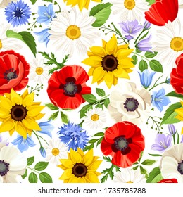 Vector seamless pattern with colorful flowers (sunflowers, poppies, daisies, bluebells and cornflowers).