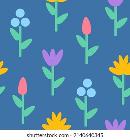 Vektornahtloses Muster mit bunten Blumen im flachen Stil. Vektormuster mit geometrischen Blumen.