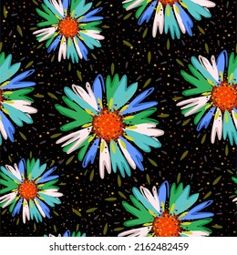 Vector seamless pattern with colorful flowers on black background.