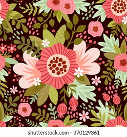 Vector  seamless pattern  with colorful flowers on a brown background. 