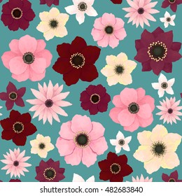 Vector Seamless Pattern with  Colorful Flowers on Blue Background