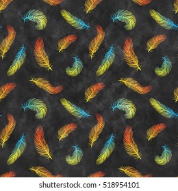Vector seamless pattern with colorful flying feathers on dark background with watercolor texture.