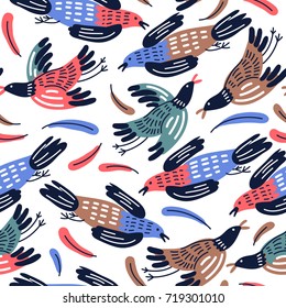vector seamless pattern with colorful flying birds and feathers