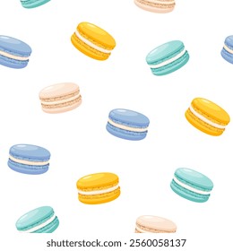 Vector seamless pattern with colorful French macarons on white backround.