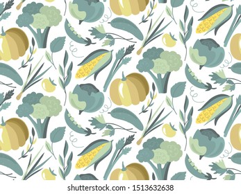 Vector seamless pattern with colorful fresh organic vegetables. Endless healthy food, vegan, farm natural background. Scandinavian style.