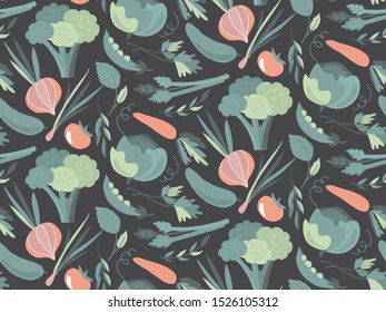 Vector seamless pattern with colorful fresh organic vegetables. Endless healthy food, vegan, farm natural background. Scandinavian style.