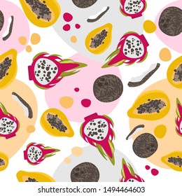 Vector seamless pattern with colorful fruits. Exotic mix of coconut, dragon fruit and papaya.