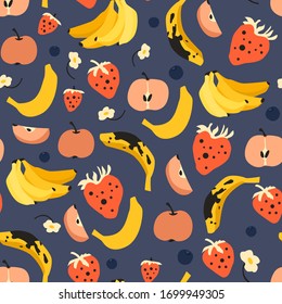 Vector seamless pattern with colorful fruits, banana, apples, strawberries, berries on blue background. Cartoon hand draw style. Modern texture for kitchen textile design, children wallpaper, fabric. 