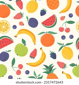 Vector seamless pattern of colorful fruits and berries. Summer print with hand drawn fruits. Tropical pattern of banana, apple, peach, strawberry, lemon, orange, cherry, and pineapple.