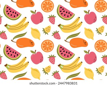 Vector seamless pattern of colorful fruits and berries. Summer print with hand drawn fruits. Tropical print.