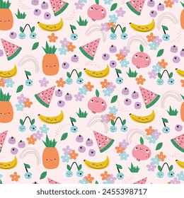 Vector seamless pattern of colorful fruits and berries. Summer print with hand drawn fruits. Tropical pattern of banana, watermelon, pomegranate, pineapple, cherry, blueberry, flowers and rainbow