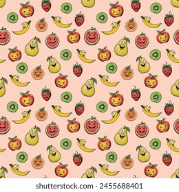 Vector seamless pattern of colorful fruits. Summer print with cartoon-style fruits. Tropical pattern of banana, orange, strawberry, apple, kiwi, pear and watermelon.