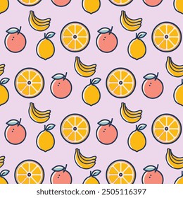 Vector seamless pattern of colorful fruits and berries. Summer print with hand drawn fruits. Tropical pattern of banana, lemon, orange, peach,  lemon.