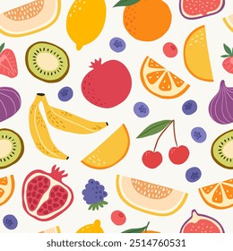 Vector sin patrón de frutas y bayas de colores. Estampado de moda de verano con frutas dibujadas a mano. Patrón tropical de melón, naranja, higo, fresa, limón, kiwi, granada, plátano y cereza.