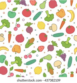 Vector seamless pattern with colorful fruits and vegetables.