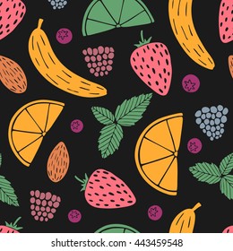 Vector seamless pattern with colorful fruits, berries and mint on black background 