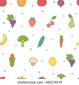 Vector seamless pattern with colorful fruits and vegetables.