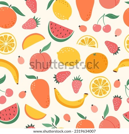 Vector seamless pattern of colorful fruits and berries. Summer print with hand drawn fruits. Tropical pattern of banana, lemon, orange, peach, strawberry, lemon, cherry, mango.
