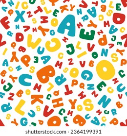 Vector seamless pattern of colorful funny letters on a white background. Suitable for baby prints, kids room decor, wallpaper, wrapping paper, stationery, scrapbooking, etc.